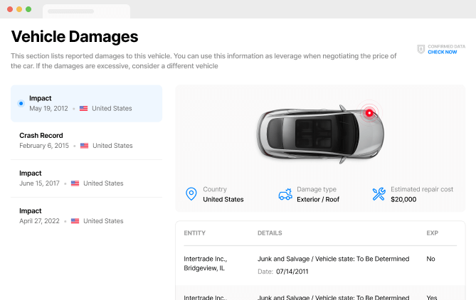 Vehicle damages screen shot